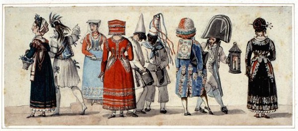 Les costume du Carnaval, une aquarelle d'A.J.B Thomas en 1817.