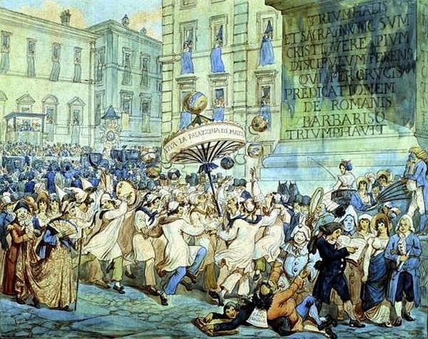 Scène de Carnaval sur la Piazza Colonna. Aquarelle de Bartolomeo Pinelli en 1822.