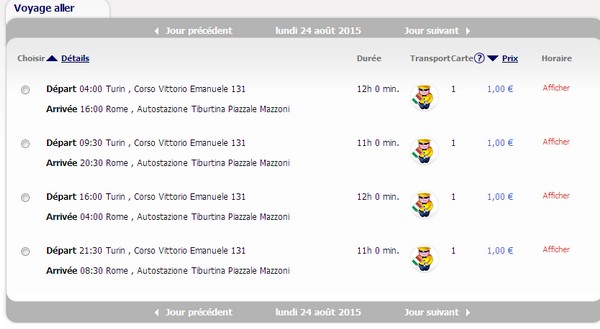 Un exemple de tarifs et d'horaires entre Turin et Rome pour août 2015